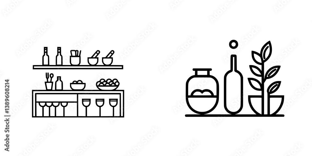 Poster minimalist line icons set showcasing kitchen items and decorative elements suitable for various desi