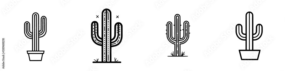 Poster collection of minimalist line icons featuring different types of cacti in pots on a white background