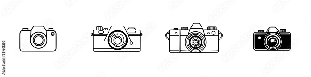 Poster collection of minimalist line icons representing different types of cameras for design and creative 