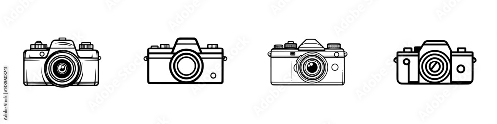 Poster collection of vector minimalist line icons showcasing various camera designs for digital art and gra
