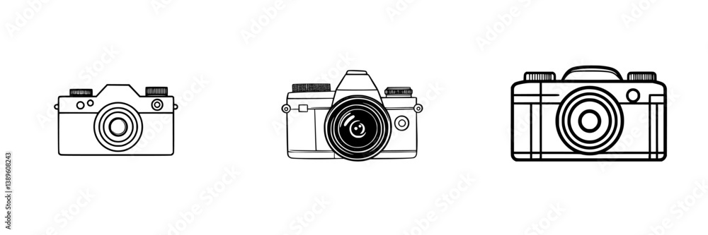 Poster set of minimalist line icons featuring various camera designs capturing different styles and perspec
