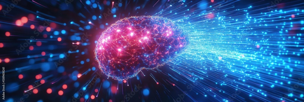 Poster digital brain concept with red and blue glowing dots neural network and artificial intelligence conn