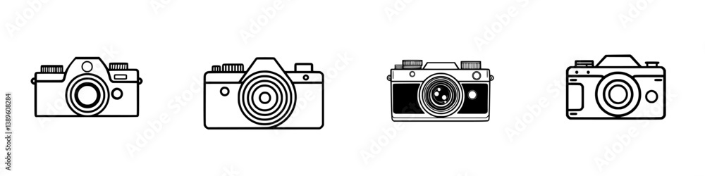 Poster set of minimalist line icons showcasing different camera designs in a clean and modern style suitabl