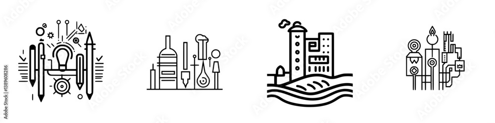 Poster collection of minimalist line icons representing various concepts in a clean and modern design style