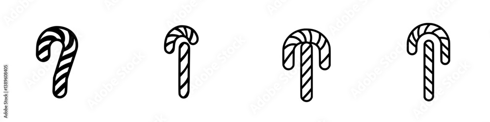 Poster collection of minimalist vector line icons depicting candy canes in various orientations and styles 
