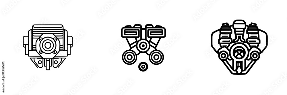 Poster collection of minimalist line icons featuring various types of engines designed for automotive appli
