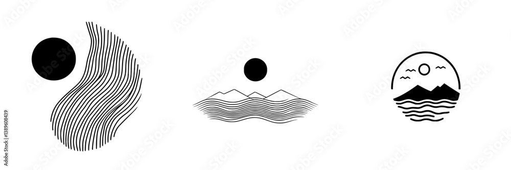 Poster vector minimalist line icons depicting abstract landscapes with sun elements showcasing simplicity a