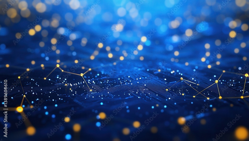 Poster Digital Network Background with Blue and Gold Dots and Lines Connecting in Abstract Wave Design with Data Visualization for Modern Technology and Futuristic Communication