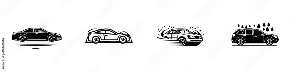Poster collection of minimalistic vector line icons showcasing various car designs and activities in a mode