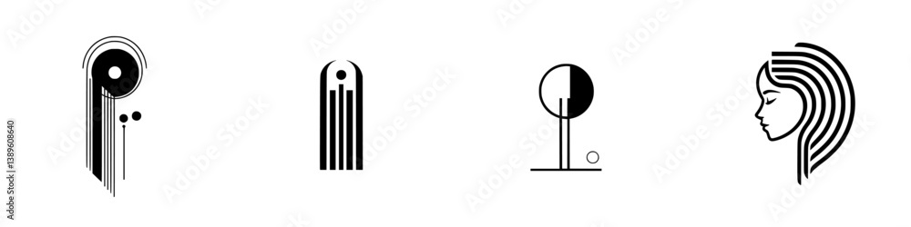 Poster set of minimalist vector line icons representing various abstract concepts and symbols in a modern d