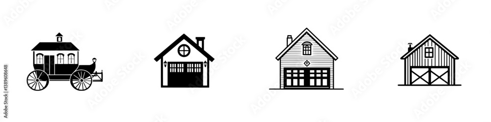 Aufkleber set of minimalist line icons representing various types of buildings and vehicles for versatile desi