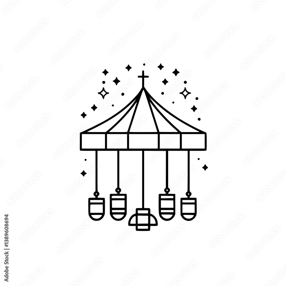 Poster vector minimalist line icons featuring a whimsical carousel with sparkling stars for playful designs
