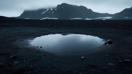 Fototapeta premium Tranquil puddle reflecting misty mountains