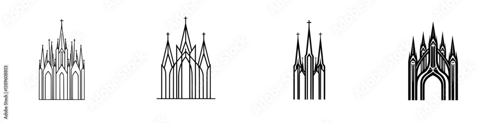 Poster minimalist vector line icons showcasing gothic architectural elements, perfect for design projects a