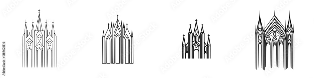 Aufkleber minimalist line icons depicting elegant architectural styles of gothic cathedrals and churches for v