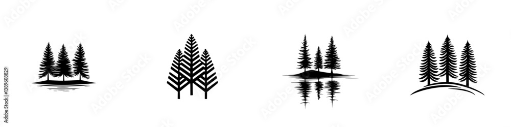 Poster set of minimal vector line icons representing various tree and water combinations suitable for natur