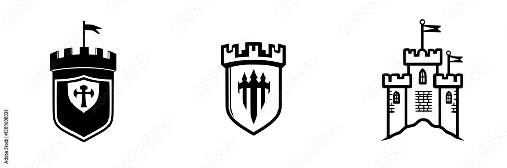 Poster minimalist line icons showcasing various medieval castle shields and fortifications in a sleek desig