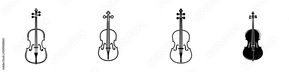 Poster set of minimalist line icons showcasing various styles of violins representing music and artistry in