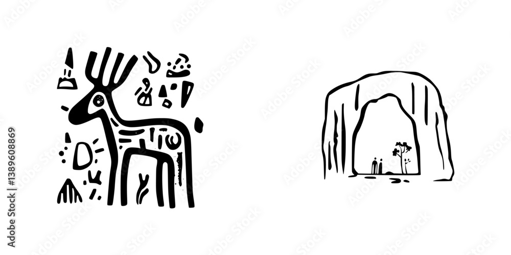 Aufkleber vector minimalist line icons depicting an abstract deer and a cave with figures exploring nature