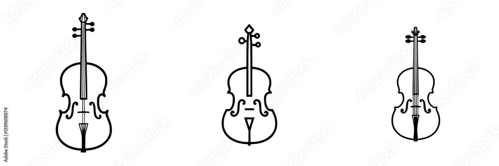 Poster collection of minimalist vector line icons representing violins in various orientations suitable for