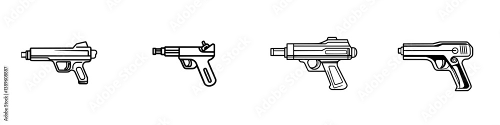 Poster collection of minimalist line icons depicting various styles of handguns designed for graphic use an