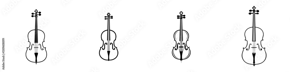 Poster minimalist vector line icons showcasing various designs of violins arranged in a creative layout