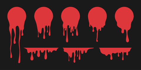 Flowing dripping blood splash circles, stains, splatter on dark background. Vector illustration