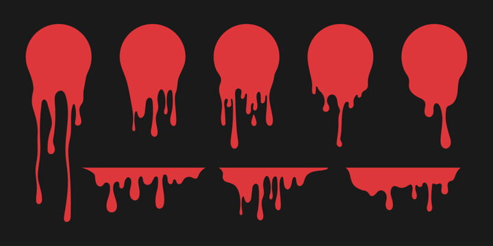 Flowing dripping blood splash circles, stains, splatter on dark background. Vector illustration