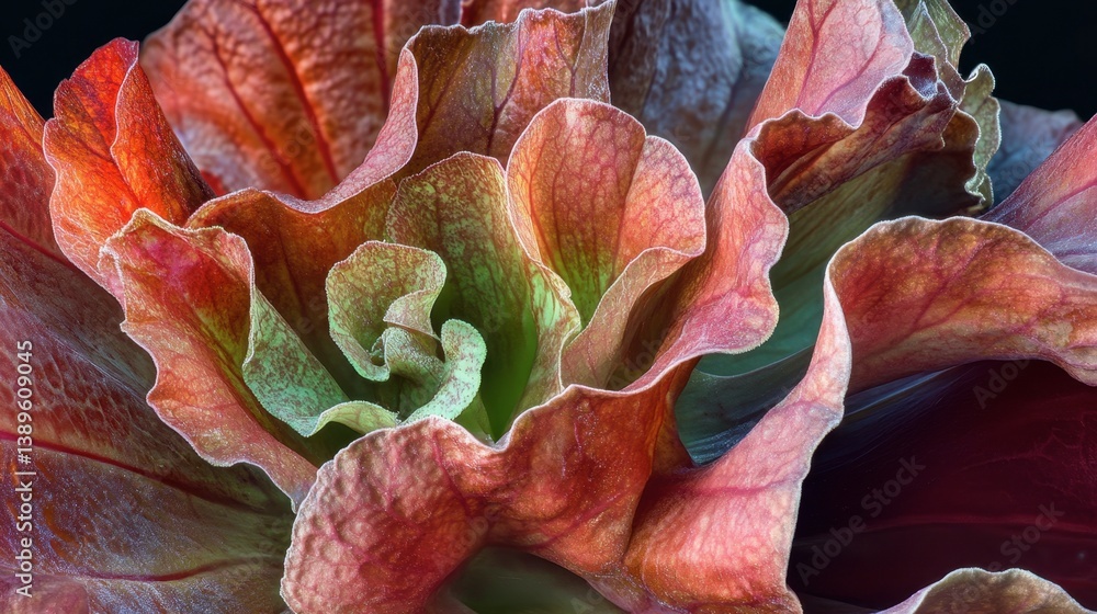 Poster close-up of colorful lettuce leaf with intricate texture and design