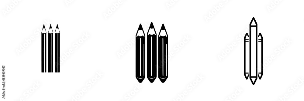 Poster collection of minimalist line icons representing pencils in various arrangements for design and crea