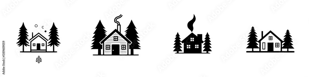 Poster set of four minimalist line icons representing various styles of houses in a natural setting with tr