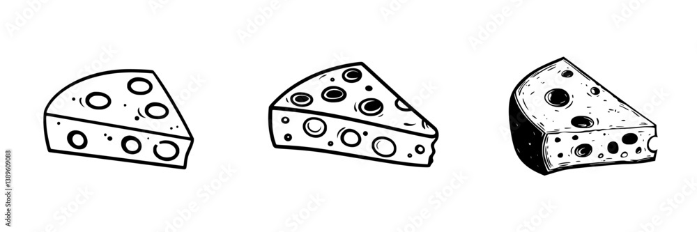 Poster collection of minimalist line icons featuring various types of cheese in a simple stylistic design