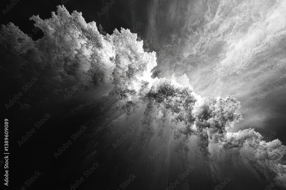 Poster dramatic monochrome treescape with sunlight streaming through canopy in dark background ethereal upw