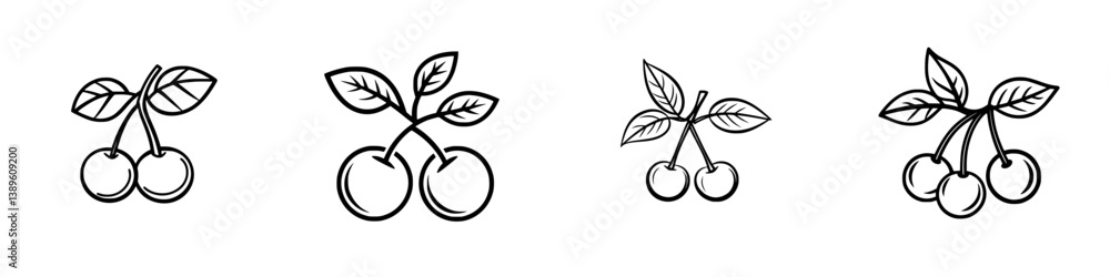 Poster minimalist vector line icons of cherries showcasing different variations and styles in a simple desi