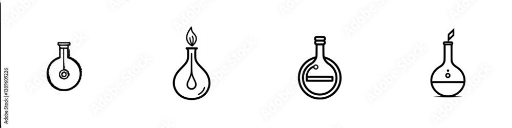 Poster collection of minimalist line icons featuring various laboratory flasks and beakers designed for sci