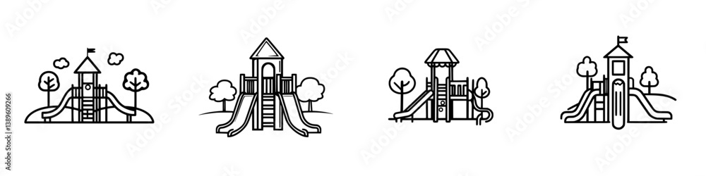 Poster minimalist line icons showcasing playground structures and slides