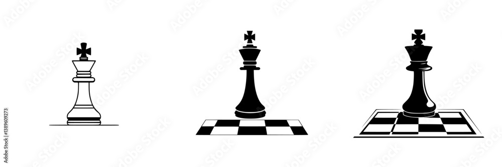 Poster minimalist vector line icons depicting chess pieces with focus on king piece in different styles and