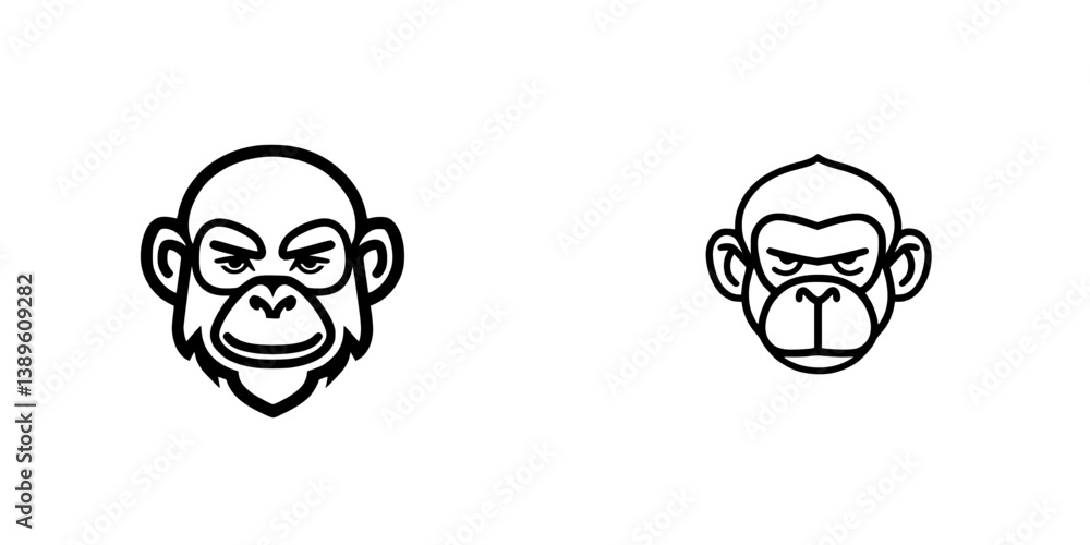 Poster collection of minimalist line icons featuring monkey heads with varied expressions and styles for de