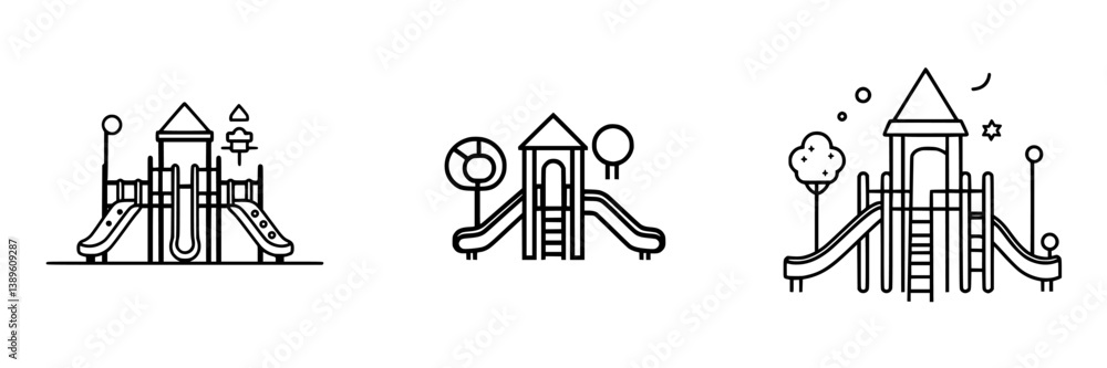 Poster set of minimalist vector line icons featuring playground structures with slides and accessories for 