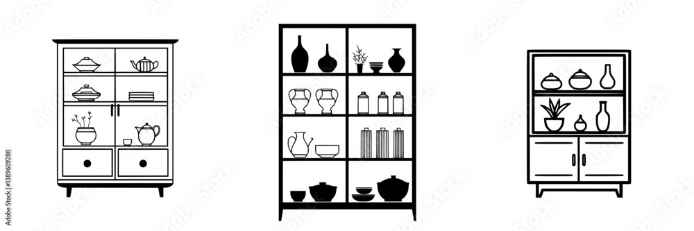 Poster vector minimalist line icons showcasing various styles of display cabinets and shelving arrangements