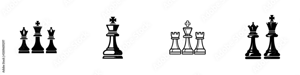 Poster set of minimalist line icons representing chess pieces and game elements for design projects and cre