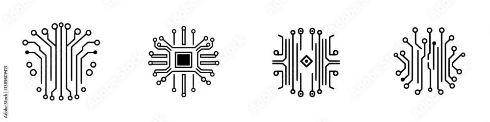 Poster collection of minimalist line icons representing various circuit designs and technology elements for