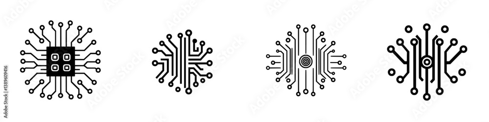 Poster vector minimalist line icons depicting various circuit designs for technology and digital themes