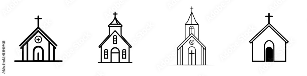 Poster collection of minimalist line icons depicting various styles of churches in a vector format for simp