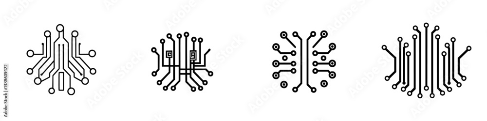 Poster modern minimalist vector line icons representing circuit designs in various configurations for digit