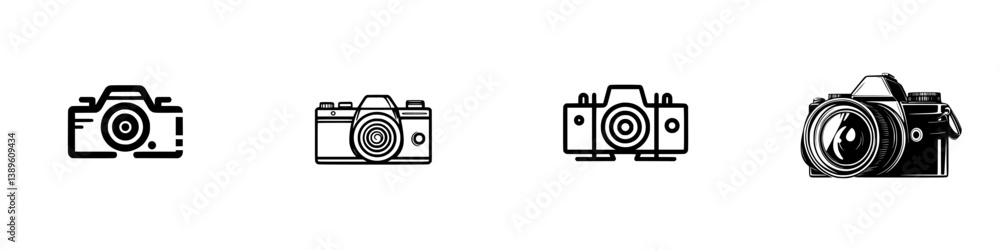 Poster collection of minimalist vector line icons featuring various camera designs for creative projects