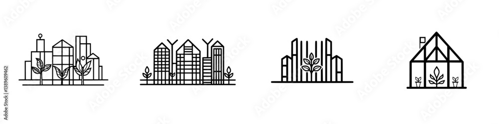 Poster minimalist line icons representing urban architecture and nature in a contemporary design style