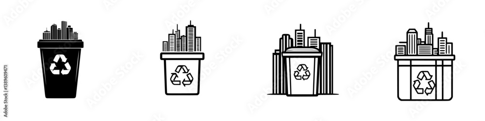 Poster vector minimalist line icons representing urban recycling concepts in various styles and designs
