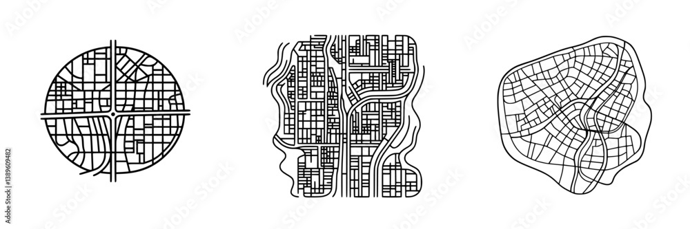 Poster vector minimalist line icons depicting abstract city maps in various layouts showcasing urban planni