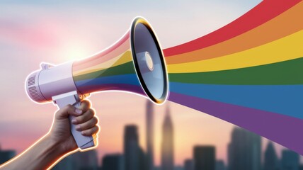 Hand holding a megaphone with rainbow colors, symbol LGBTQ